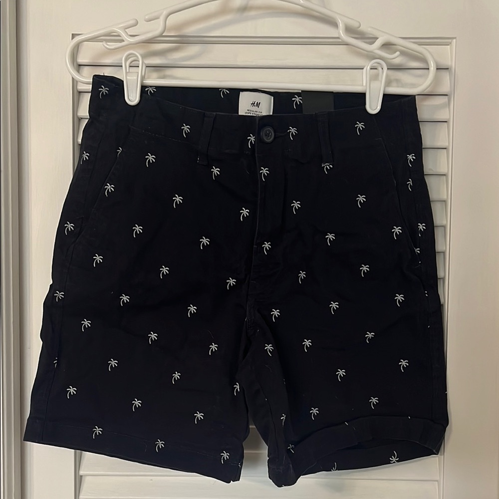 H&M Navy Blue Shorts with White Palm Tree Pattern